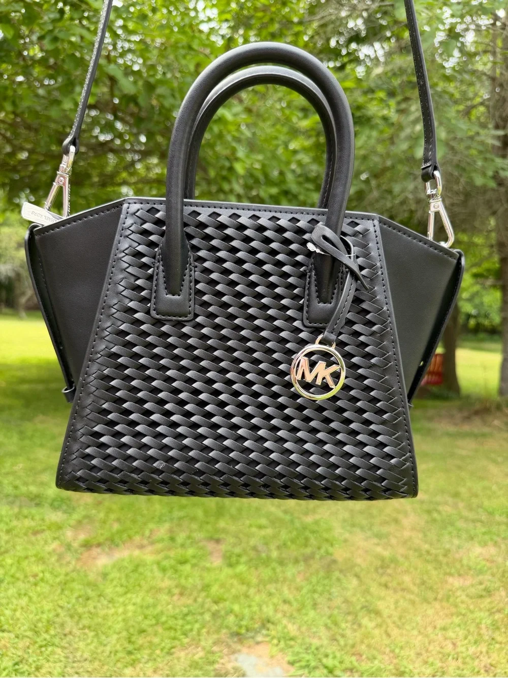 Michael Kors Avril Small Woven Satchel Crossbody Black NWT